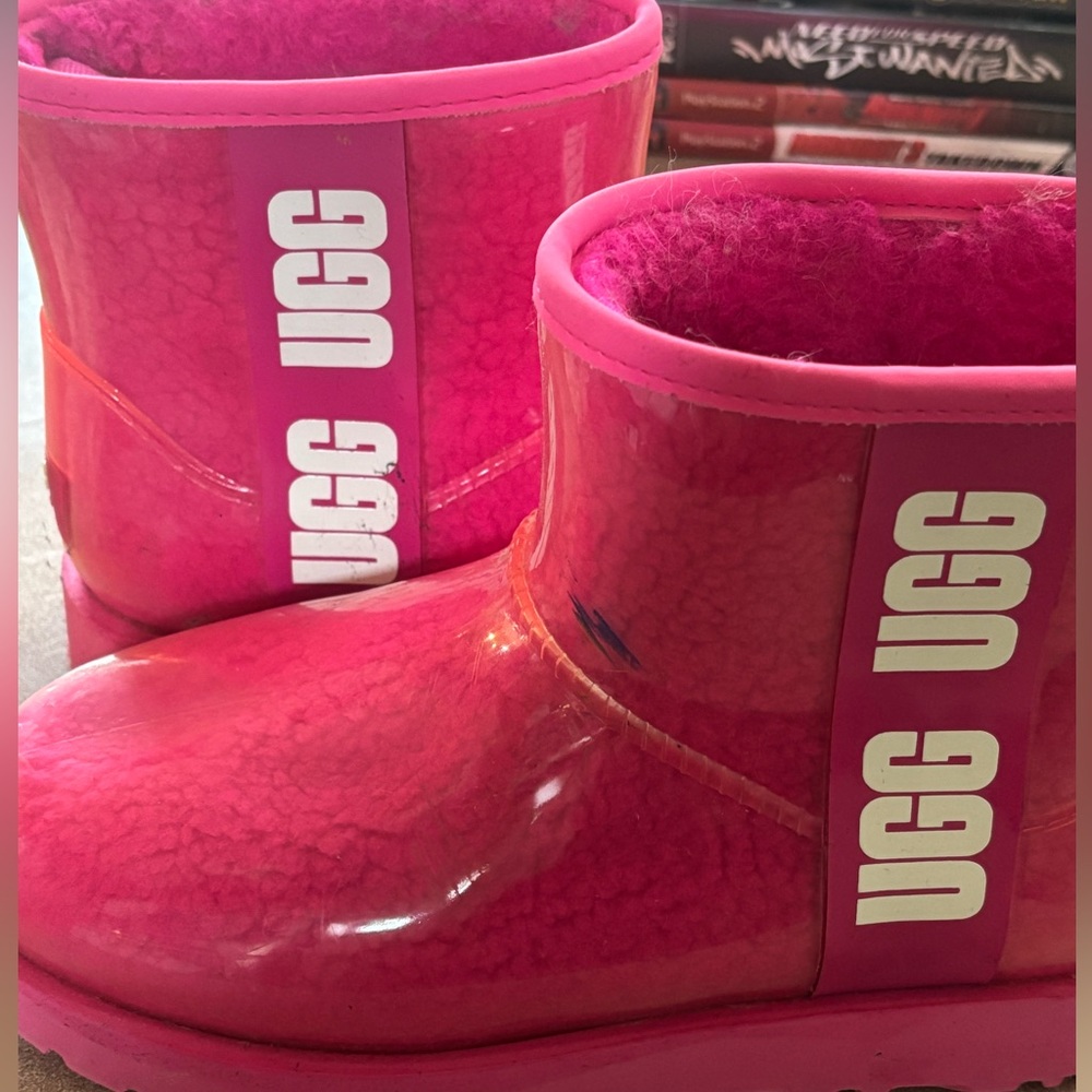 UGG Neon Pink Ankle Boots - plastic with fuzzy interior size 5 with flaw
